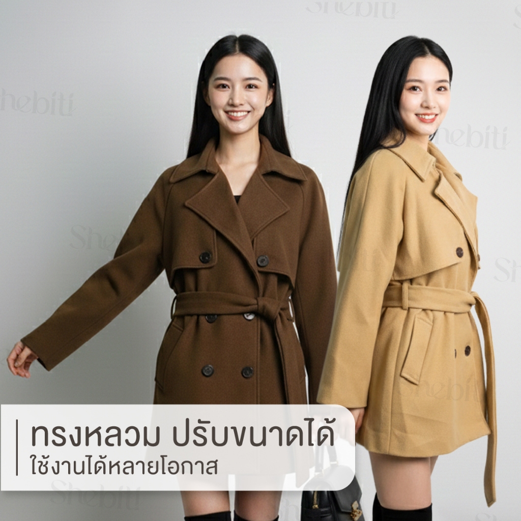Shebiti Coat เสื้อโค้ท คอปก ผูกเอว โค้ท กันหนาว แจ็คเก็ต เสื้อกันหนาว ต่างประเทศ แฟชั่น เกาหลี ฤดูหนาว — صورة 5