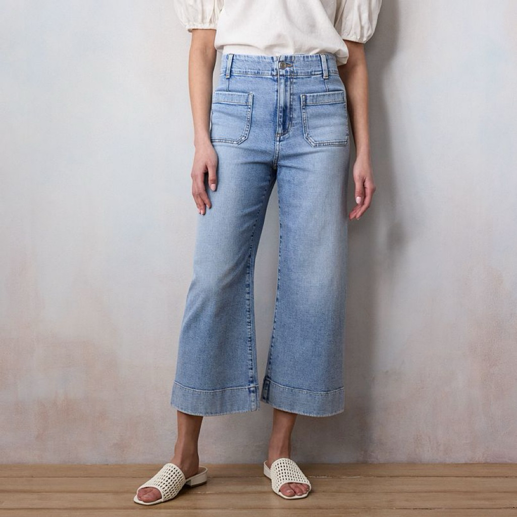 LC กางเกงยีนส์ ทรงครอป LAUREN  SUPER HIGH RISE WILDFLOWER WIDE LEG CROPPED JEANS (A2801)