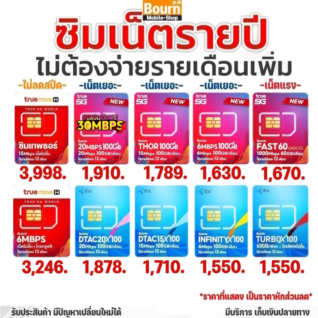 ซิมเทพ ซิมเน็ตรายปี | ทรู​ เทพธอร์ ไม่ลดสปีด 15Mbps​ 6Mbps Fast60 30Mbps | ดีแทค 100GB 6-20Mbps Turb