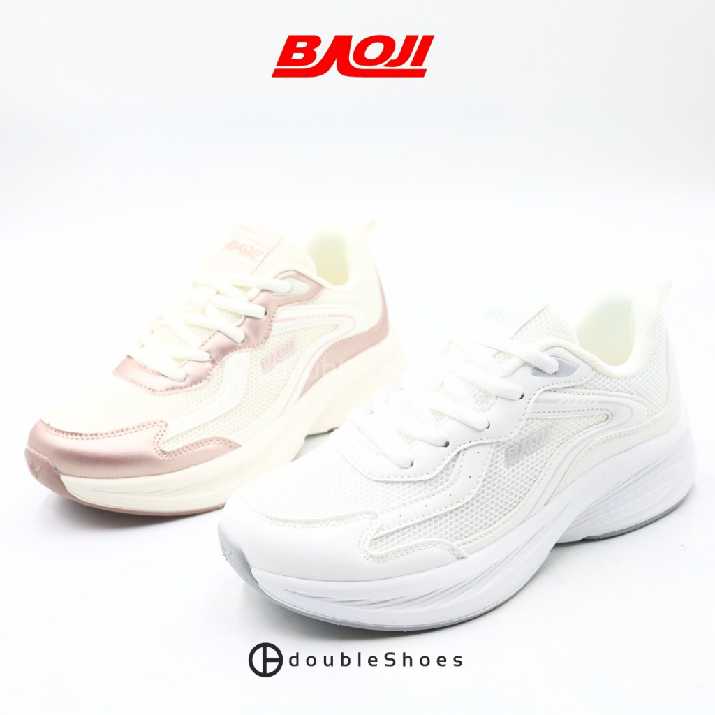 BAOJI (BJW1181) รองเท้าผ้าใบผู้หญิง ลำลอง ทรงสวย แต่งหนัง สีขาวเงิน , สีชมพูครีม ไซส์ 37-41