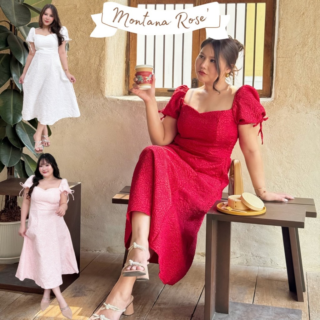 Montana rose'  🌹 เดรสยาวผ้านูน3มิติ  ทรงเข้ารูป เรียบร้อย  (D0104) - Merrychubbyhouse