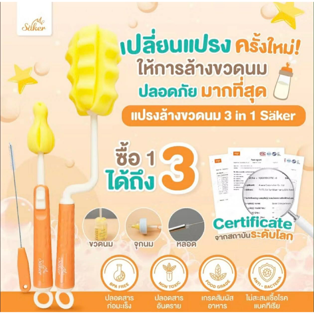 Saker แปรงล้างขวดนม เเบบฟองน้ำ ซื้อ1ได้ถึง 3  เซ็ตแปรงฟองน้ำล้างขวด+ล้างได้ทั่วถึงทุกซอกมุม