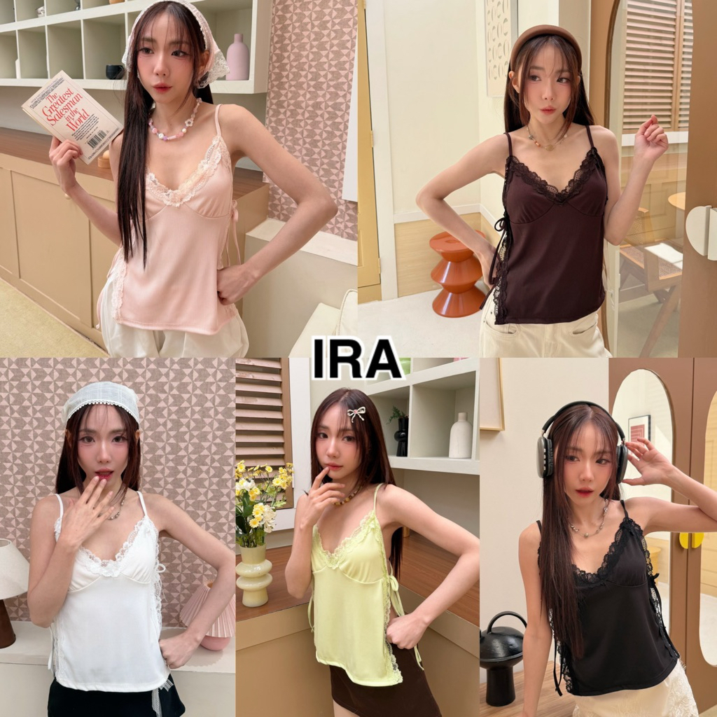 BY IRA  (2025-104) Rolanda Top สายเดี่ยวผูกข้าง ขอบระบายลูกไม้ สายผูก