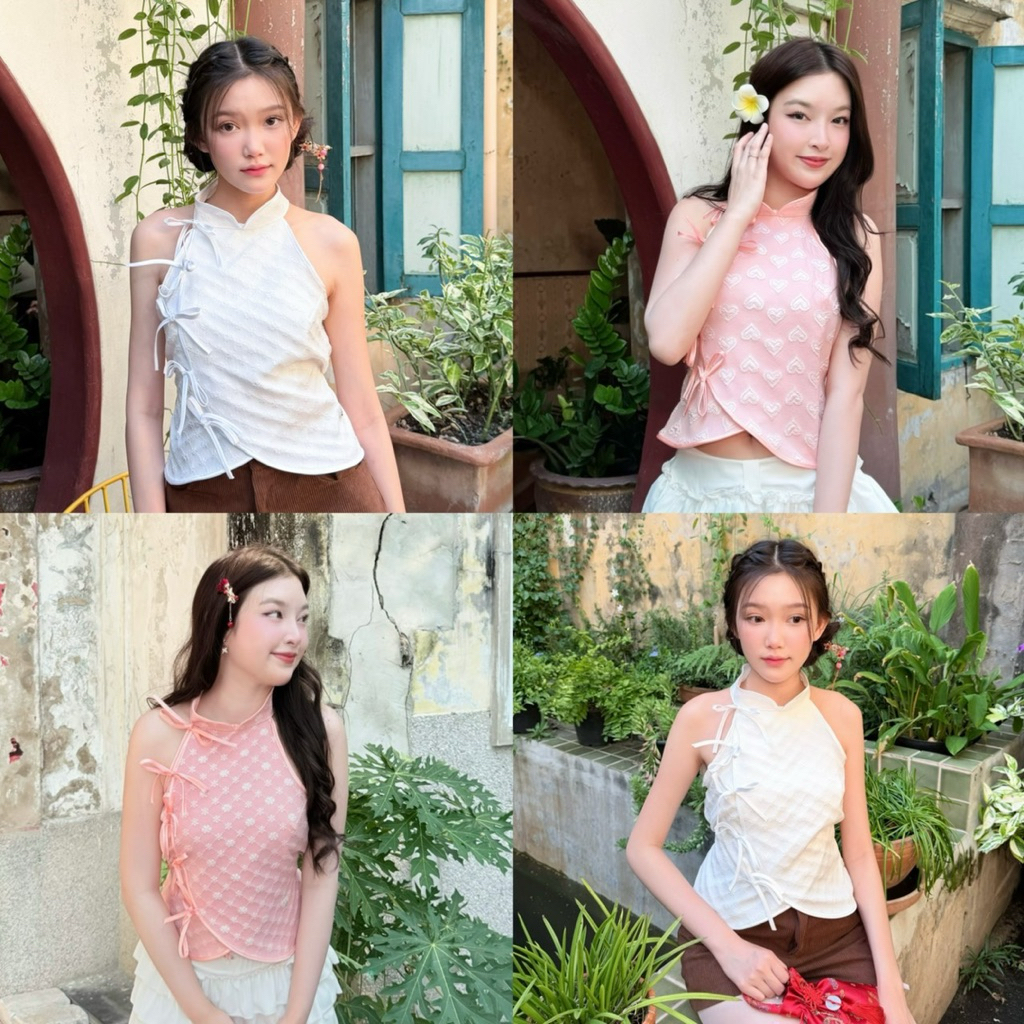 RIKA น้องขนมจีบ เสื้อคอจีนเว้าไหล่โบว์หน้า