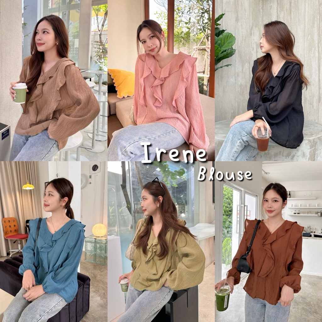 IRENE BLOUSE เสื้อแขนยาวคอระบายแพทเทิร์นน่ารัก ทรงคอวีผ้าฝ้ายผสมอัดยับมี texture เนื้อบางเบาใส่สบาย