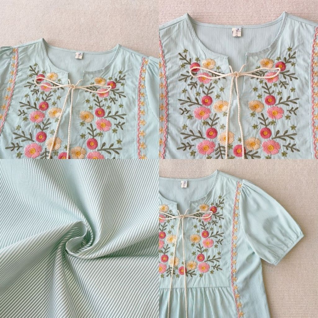 Glucoat | [U966] เสื้อแขนสั้นลายริ้วสีเขียว แขนตุ๊กตา ปักลายดอกไม้ มีเชือกสามารถผูกโบว์ได้เอง - รูปที่ 2