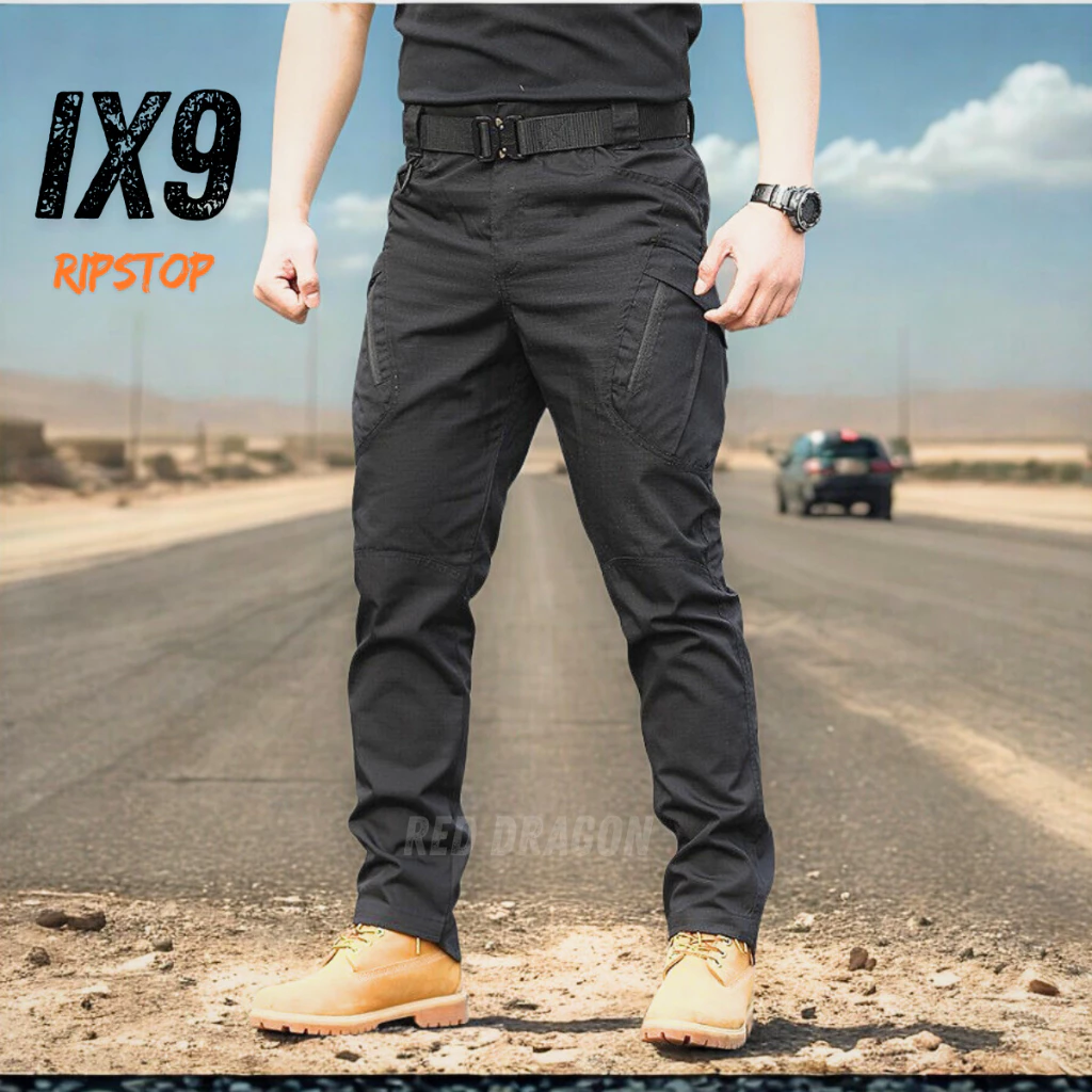 Upgrade ผ้าใหม่ IX9 กางเกงคาร์โก้ กางเกงยุทธวิธี สีดำ ผ้าริปสตอปกันน้ำ มีช่องกระเป๋าหลายช่อง XS-5XL