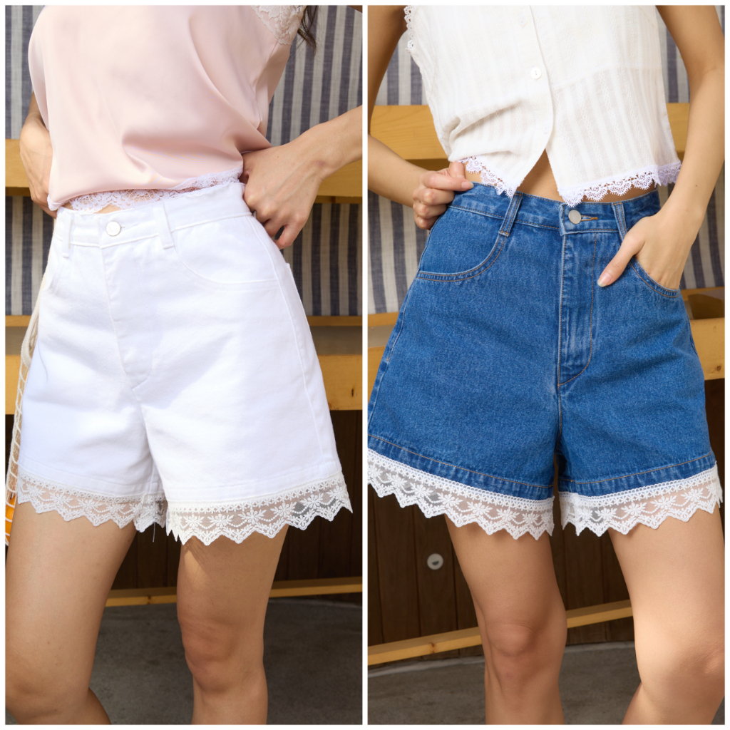 Sis story กางเกงยีนส์ ขาสั้น แต่งลูกไม้ปลายขา เอวสูง Sis 052 Lily lace denim shorts ราคา ถูกที่สุด ดีลบีเคเค