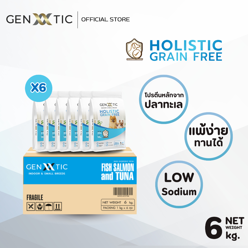 อาหารสุนัข Genetic Indoor & Small Breeds สูตรปลา ขนาด 1kg. 6 ถุง