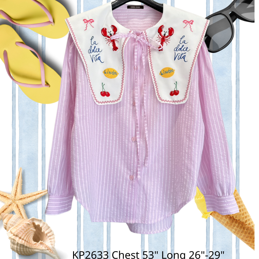 อก 53เสื้อแขนยาวทรงสวยผ้าริ้วลายทาง ตัวนี้แต่งกุ้นดีเทลปักลายกุ้งเชอร์รี่มาใหม่สุดว้าวว2633