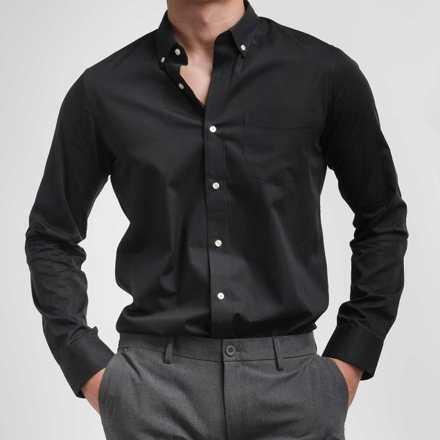 era-won เสื้อเชิ้ต ทรงปกติ Oxford Shirt แขนยาว คอปก สี Black