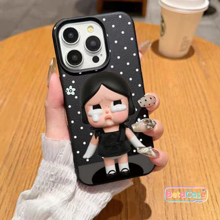 เคสไอโฟน ลายเด็กสาวปากบุ๋มร้องไห้ จุดโป้ลคดสีดำ น่ารัก Phone Case for iPhone 16 11 15 14 13 12 12pm 13pm 14plus 15plus