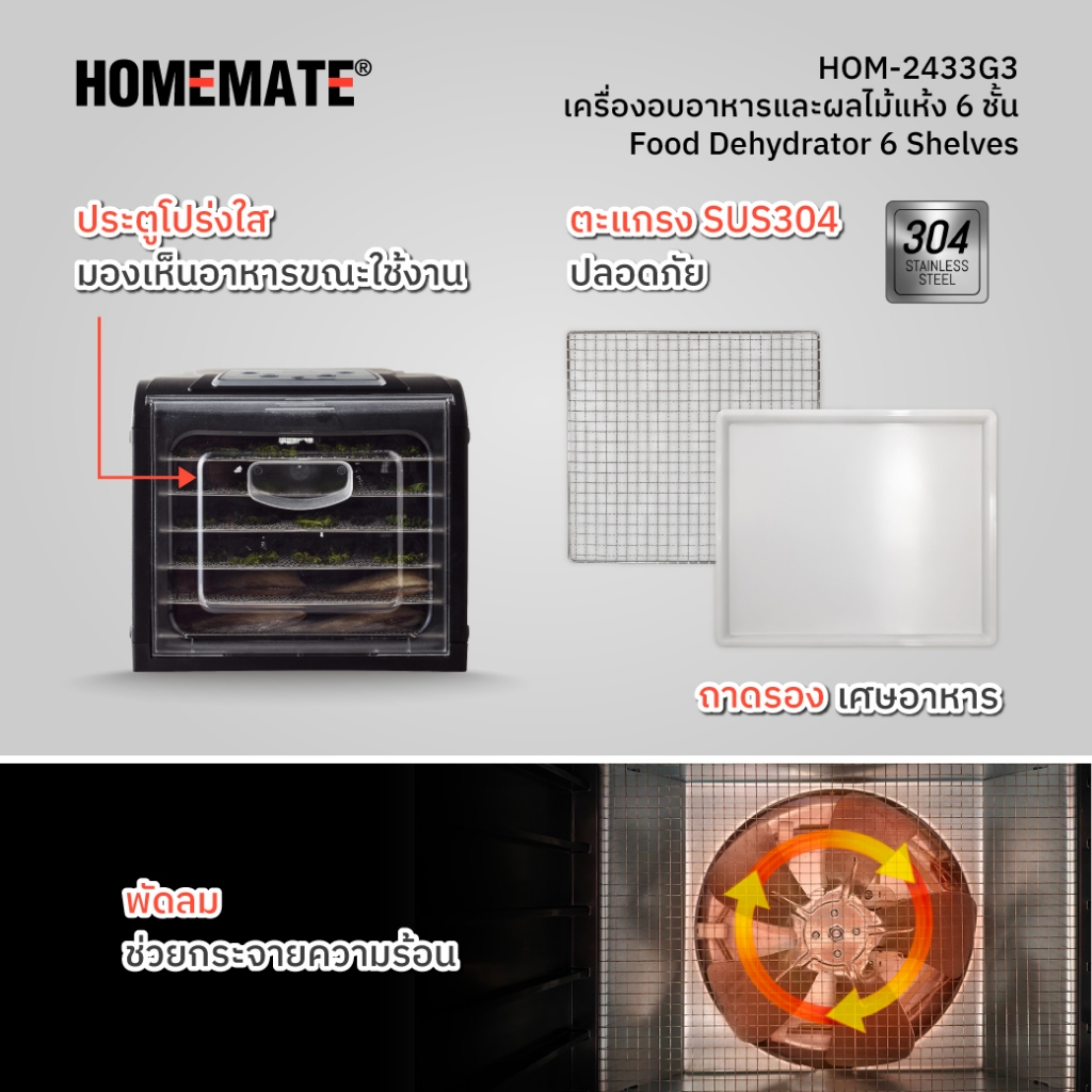HOMEMATE เครื่องอบอาหารและผลไม้แห้ง 6 ชั้น รุ่น HOM-2433G3 - รูปที่ 3