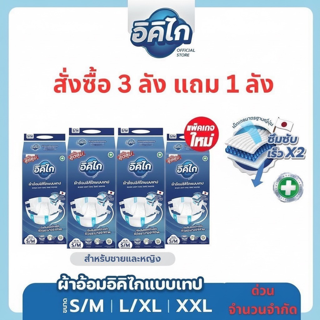 ซื้อ3ลังแถม1ลัง(รวม4ลัง) อิคิไก ผ้าอ้อมผู้ใหญ่ แบบเทป ซึมซับไว นุ่มสบาย คุณภาพสูง (ครบไซส์) ส่งฟรี