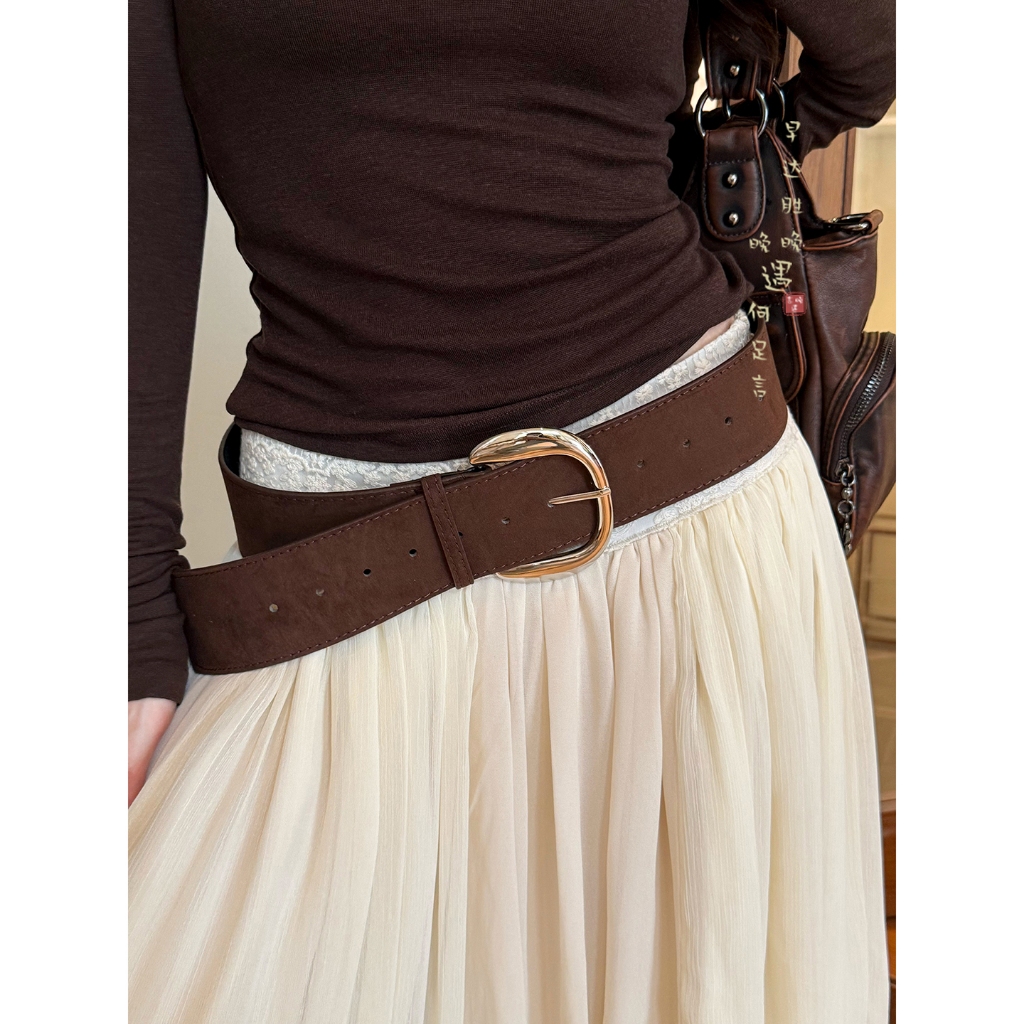 Gold Round Buckle Belt -(กว้าง 5.8 CM.,ยาว 105 CM.) - พร้อมส่ง เข็มขัด สไตล์ Y2K , สายเข็มขัด  เข็มขัดวินเทจ(BELT)