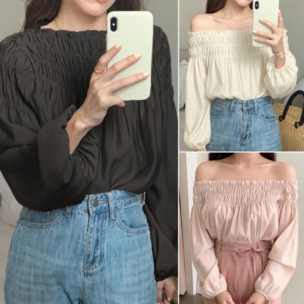 cherryshop พร้อมส่ง เสื้อเชิ้ตแขนพัฟชีฟองแขนยาวผู้หญิงฝรั่งเศส คอกลม ทรงหลวม ดีไซน์จับจีบ หวานและเก๋ไก๋