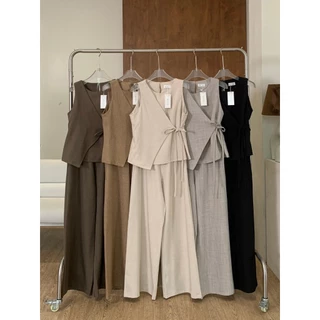 Abbi Set:: ชุดเซ็ทขายาว 5 สี ชุดเซ็ทขายาวเสื้อแขนกุดผูกอก แต่งผูกโบว์หน้า เรียบร้อย ทำงาน BETTY (B043)