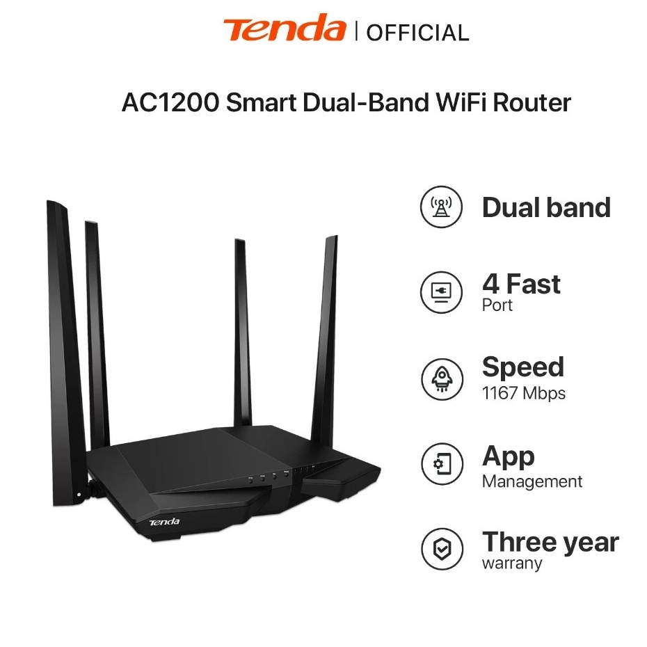 ROUTER (เร้าเตอร์) TENDA AC6 AC1200 SMART DUAL BAND WI-FI ROUTER