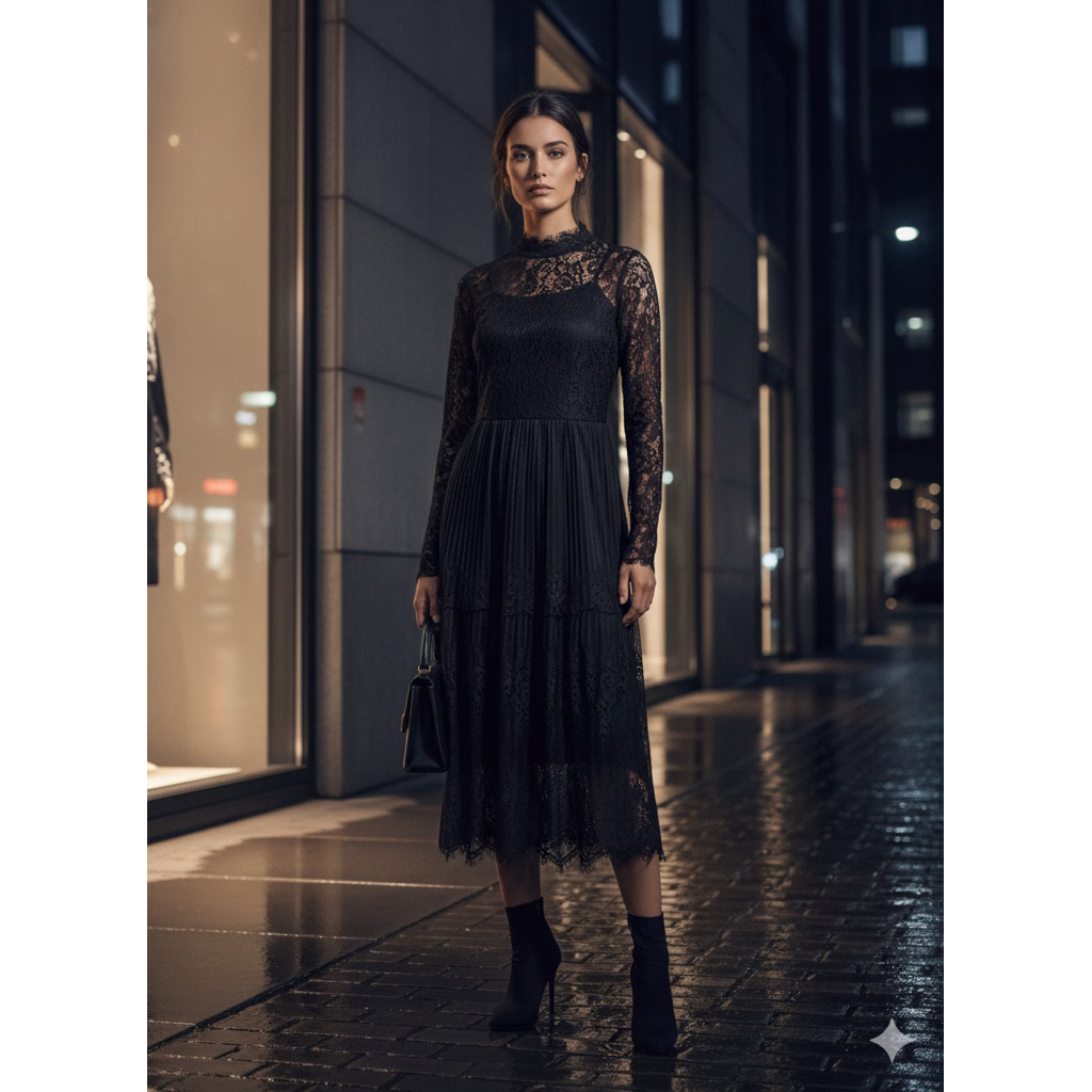 เดรสลูกไม้บาง สีดำ Gothic BL35