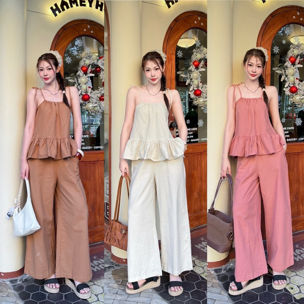 KORRA ·͜·♡ชุดเชตเสี้อสายเดี่ยวผูกไหล่+กางเกงงานผ้าลินิน🤎กางเกงมีกระเป๋าล้วงสองข้างโฮมมี่มากๆค่า 🫧🌻