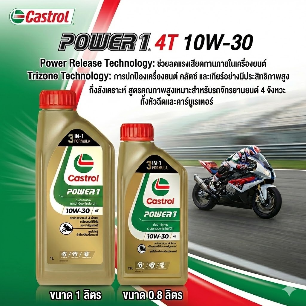 น้ำมันเครื่อง Castrol Power 1 4T 10w30 ขนาด 0.8 และ 1 ลิตร