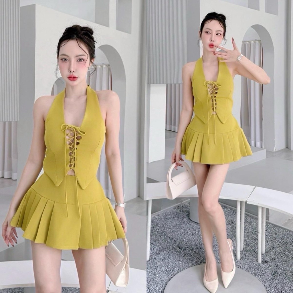 1295 [Poshie Set] ชุดเซ็ทเสื้อผูกคอ อกเสริมฟองน้ำและกระโปรงอัดจีบมีซับกางเกงด้านใน