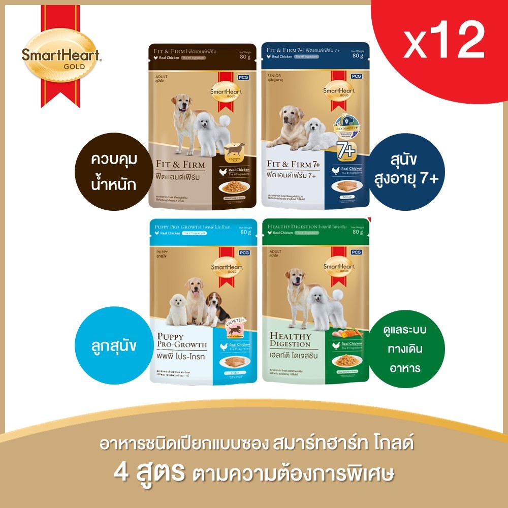 (12 ซอง) สมาร์ทฮาร์ท โกลด์ อาหารสุนัขชนิดเปียกแบบซอง ขนาด 80กรัม