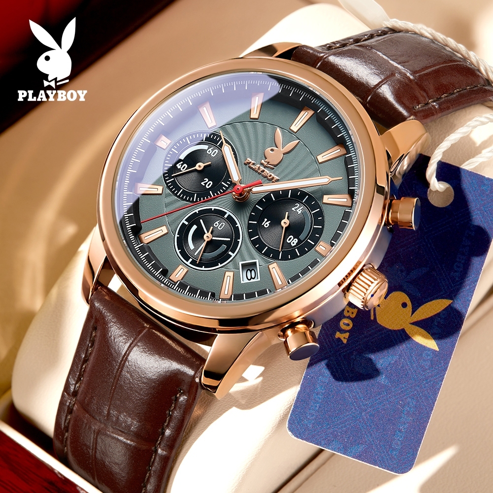 PLAYBOY นาฬิกา ผู้ชาย 100% แท้ นาฬิกาข้อมือกันน้ำได้ ควอตซ์ หนัง เรียบง่าย แฟชั่น 3305