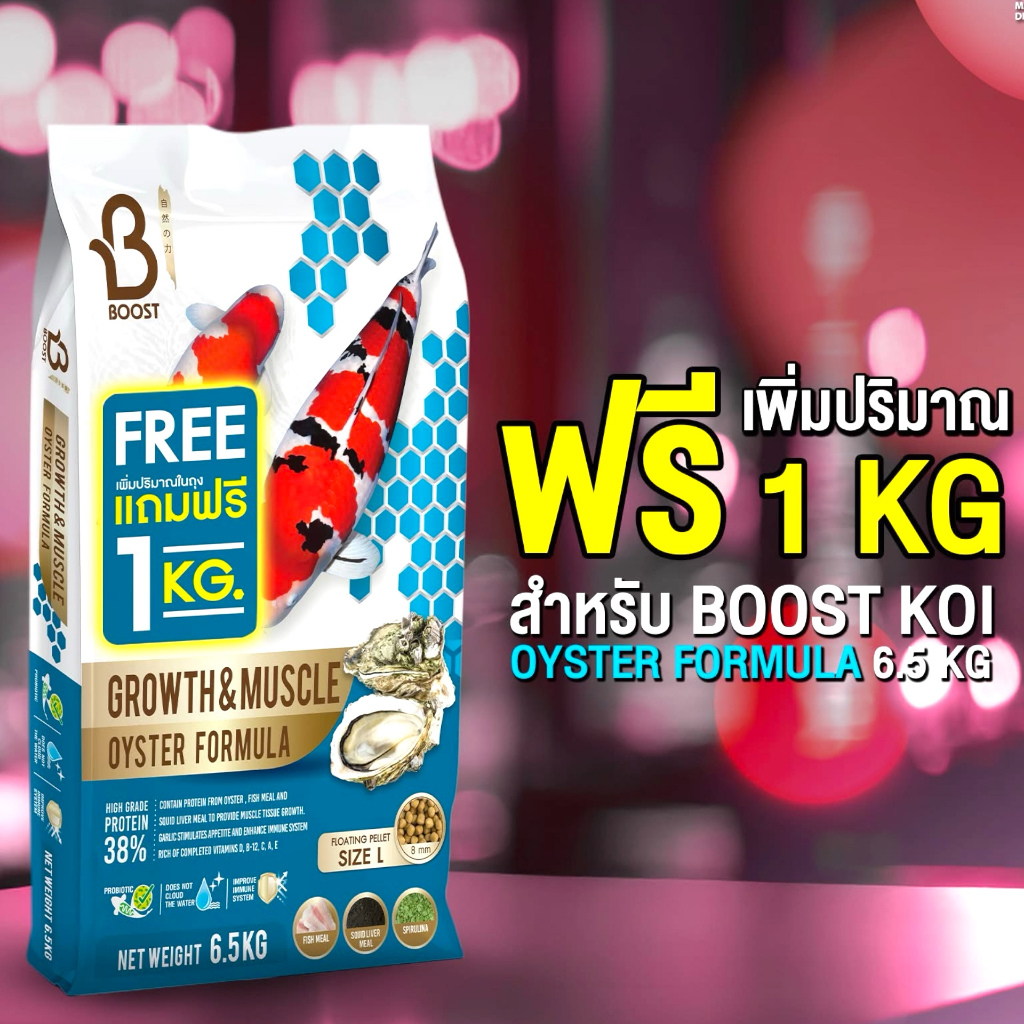 อาหารปลาบูสท์ (BOOST) เร่งโต เร่งล่ำ สูตรผสมหอยนางรม ถุงขนาด 6.5kg. อาหารใหม่ๆ
