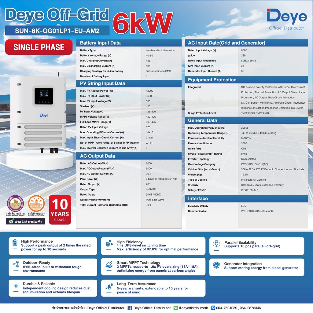 Deye อินเวอเตอร์ 6 kW Off-Grid SUN-6K-OG01LP1-EU-AM2 มีรับประกันสินค้า 0010080