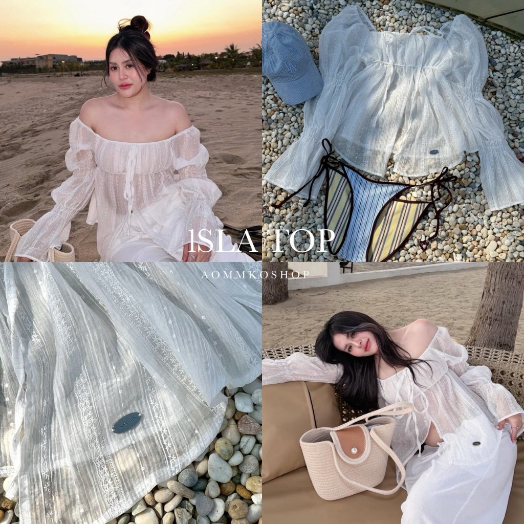 ISLA TOP เสื้อปาดไหล่แขนยาว แต่งระบายผูกโบว์หน้า (เย็บอะไหล่) ผ้าใส่สบาย Size M,L ใส่ได้หลายแบบ - S110 เสื้อผ้าผู้หญิง