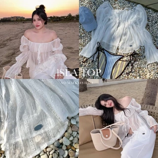 ISLA TOP เสื้อปาดไหล่แขนยาว แต่งระบายผูกโบว์หน้า (เย็บอะไหล่) ผ้าใส่สบาย Size M,L ใส่ได้หลายแบบ - S110 เสื้อผ้าผู้หญิง