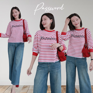 Password 6332 ผ้ายืดผ้านุ่มๆ ลายริ้วสีสดใสน่ารัก อกปักตัวหนั…