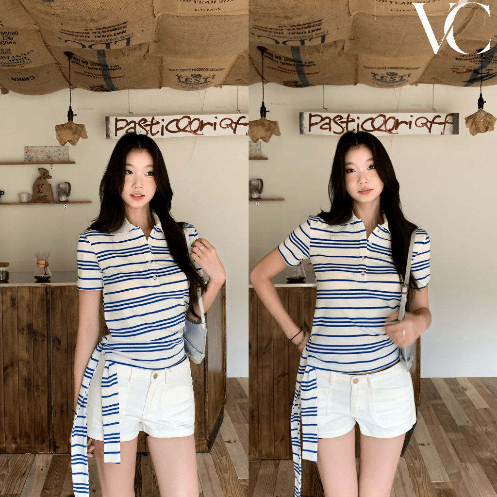 เสื้อยืดคอปกโปโลลายทางสีตัดกัน สำหรับผู้หญิง ใส่สบาย ดีไซน์ทันสมัยY90