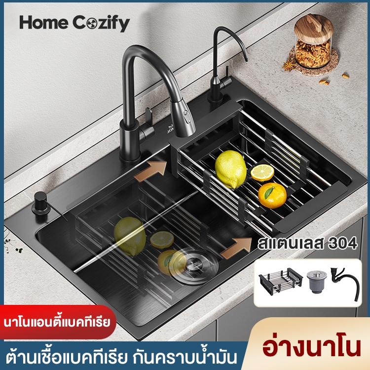 HOME อ่างล้างผักหลุมเดี๋ยวหลุมคู่สแตนเลส304ซิงก์ล้างจานหลุมเดี๋ยวหลุมคู่ตะกร้าระบายน้ำแบบพับเก็บได้สำหรับติดตั้งบนและ