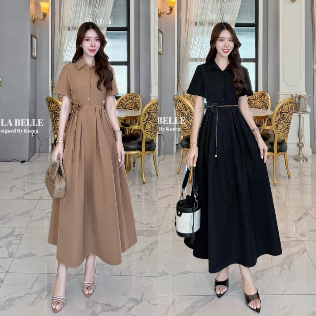 LA LA BELLE•เดรสคอปกกระดุมหน้าซิปหลังยาวแขนสั้นเอวเข้ารูป  มาพร้อมเข็มขัดโซ่เข้าชุดและมีดอกคามีเลีย