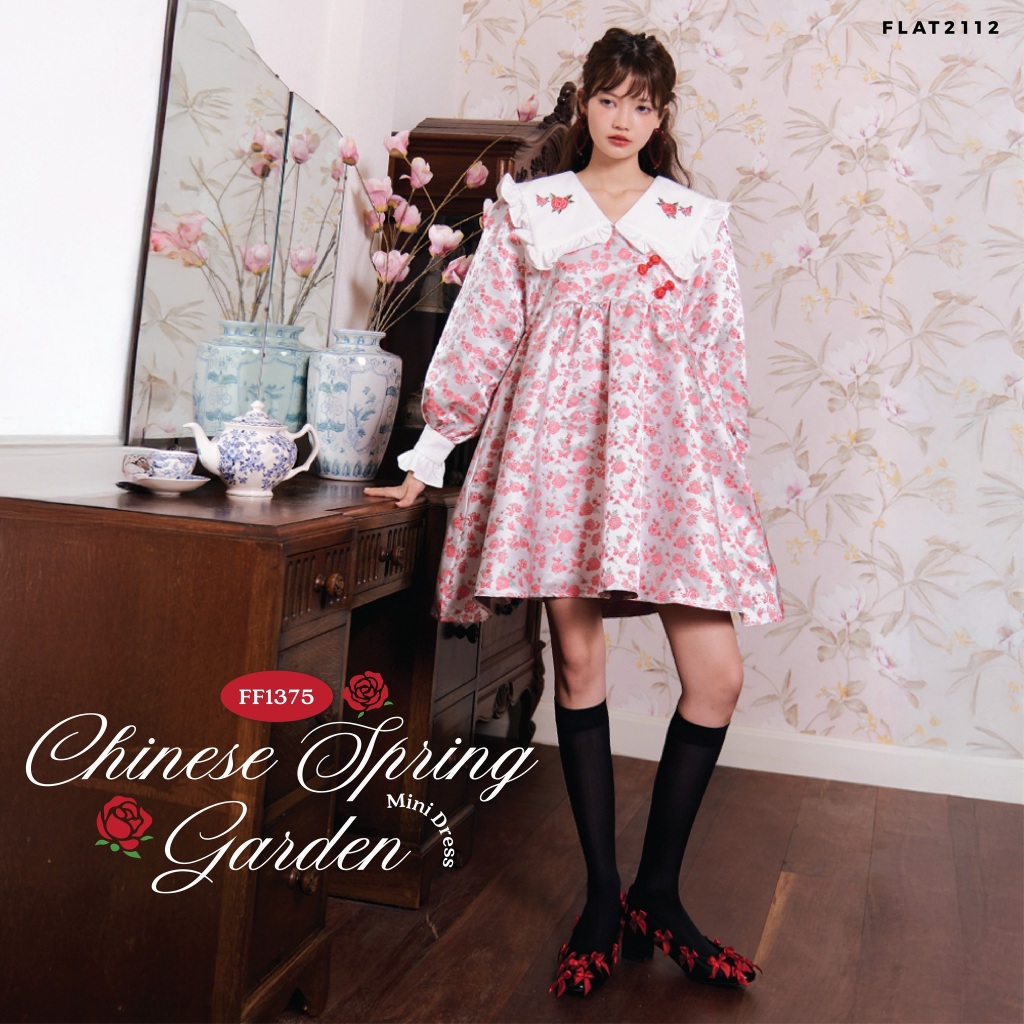 FLAT2112 : CHINESE SPRING GARDEN MINI DRESS เดรสสั้นลายดอกไม้ เดรสปกใหญ่ เดรสสไตล์ยุโรป เดรสน่ารัก (FF1375)