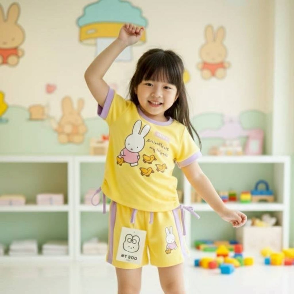 ✈️Preorder👧🏻🐰ชุดเซตเด็กผู้หญิง2ชิ้น กระต่าย miffy สีเหลืองทูโทนม่วง เสื้อ+กางเกงขาสั้น น่ารักสดใส งา