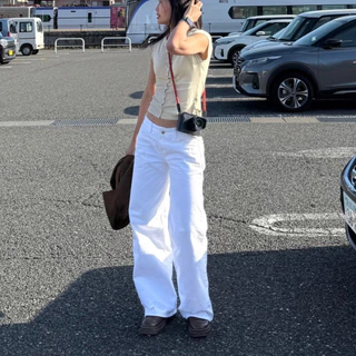 [ PAPADON'TCRY ] - Low Rise Jeans (all white) กางเกงยีนส์เอวต่ำทรงกระบอกสีขาวล้วน