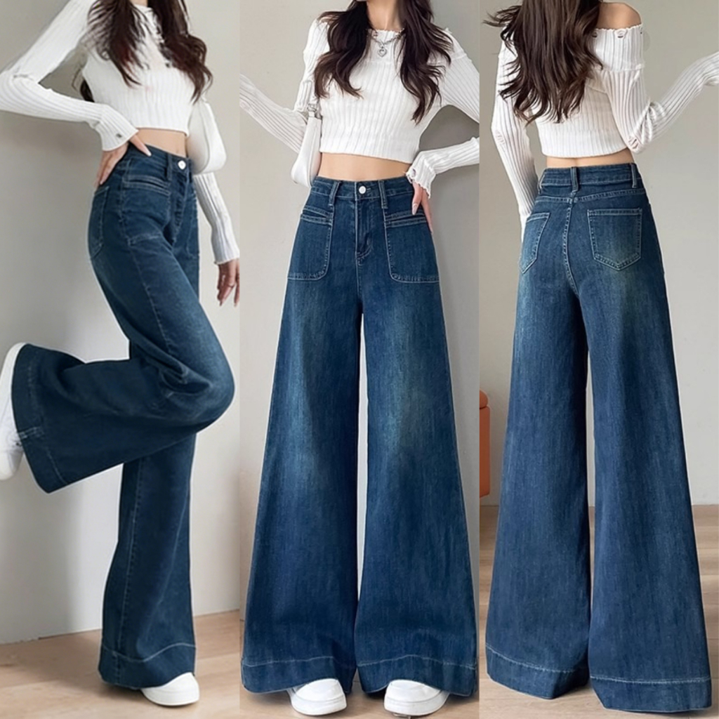 S~5XLBaggy jeans Navyblue กางเกงขายาวทรงตรงขาบานเอวสูงสีน้ำเงินเข้ม ดีไซน์แบบเรโทรสองปุ่ม กางเกงยีนส์ทรงหลวมลำลอง HOT