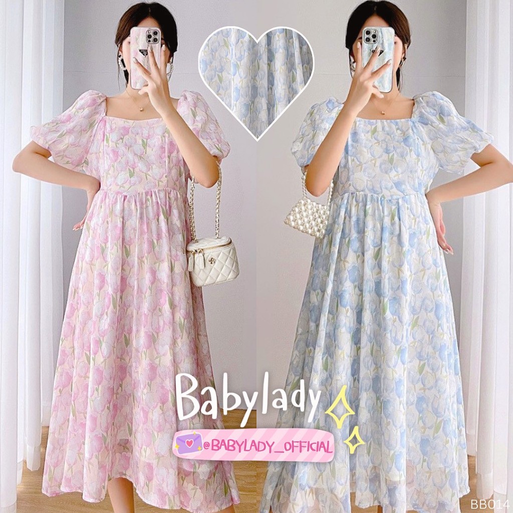 [BB 014] ชุดคลุมท้อง | BABYLADY ♡ – ผ้าชีฟองลายทิวลิป แขนตุ๊กตา ผูกหลังปรับได้ มีซับใน