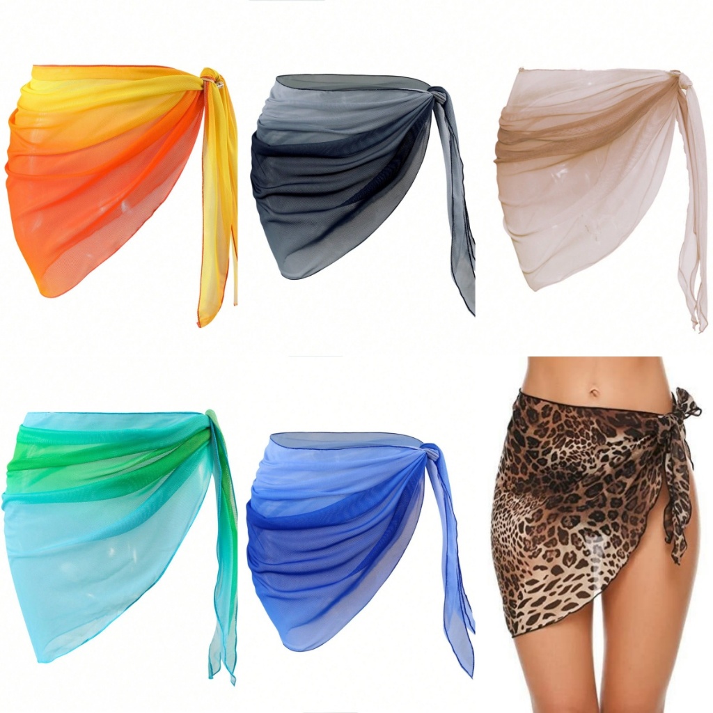 🧡Basic swimsuit💛ผ้าผูกเอวชายหาดซีทรู ผ้าคลุมบิกินี่ กระโปรงชายหาด การไล่ระดับ มีหลายสีให้เลือก ส่งจากไทย