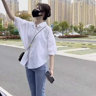 ของพร้อมส่ง🔥เสื้อเชิ้ตแขนสั้น แบบบาง ทรงหลวม ทรงหลวม New women's clothing แฟชั่นฤดูร้อน แขนสั้น คอปก สไตล์เกาหลี #F069