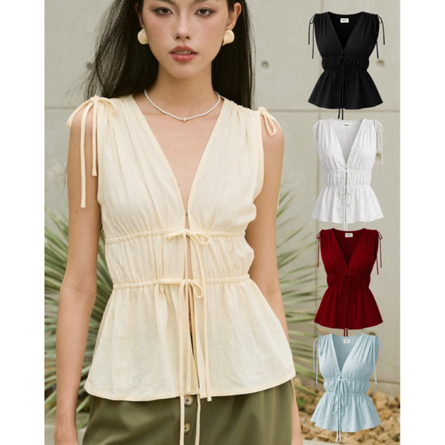 nichii - Mushroom เสื้อแขนกุด รูดเอว ผ้ามีส่วนผสมลินินLinen