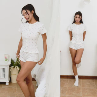 ASBKK : Chaos Pointelle Button White Tee - เสื้อยืดสีขาว กระดุมพิมพ์ลายดอกไม้