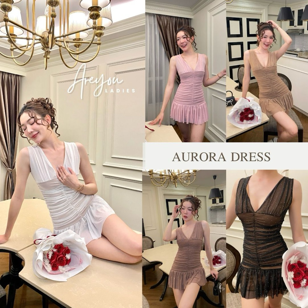 NO.606 Aurora Dress เดรสทรงเข้ารูปดีไซน์คอวีลึกแต่งผ้าซีทรู
