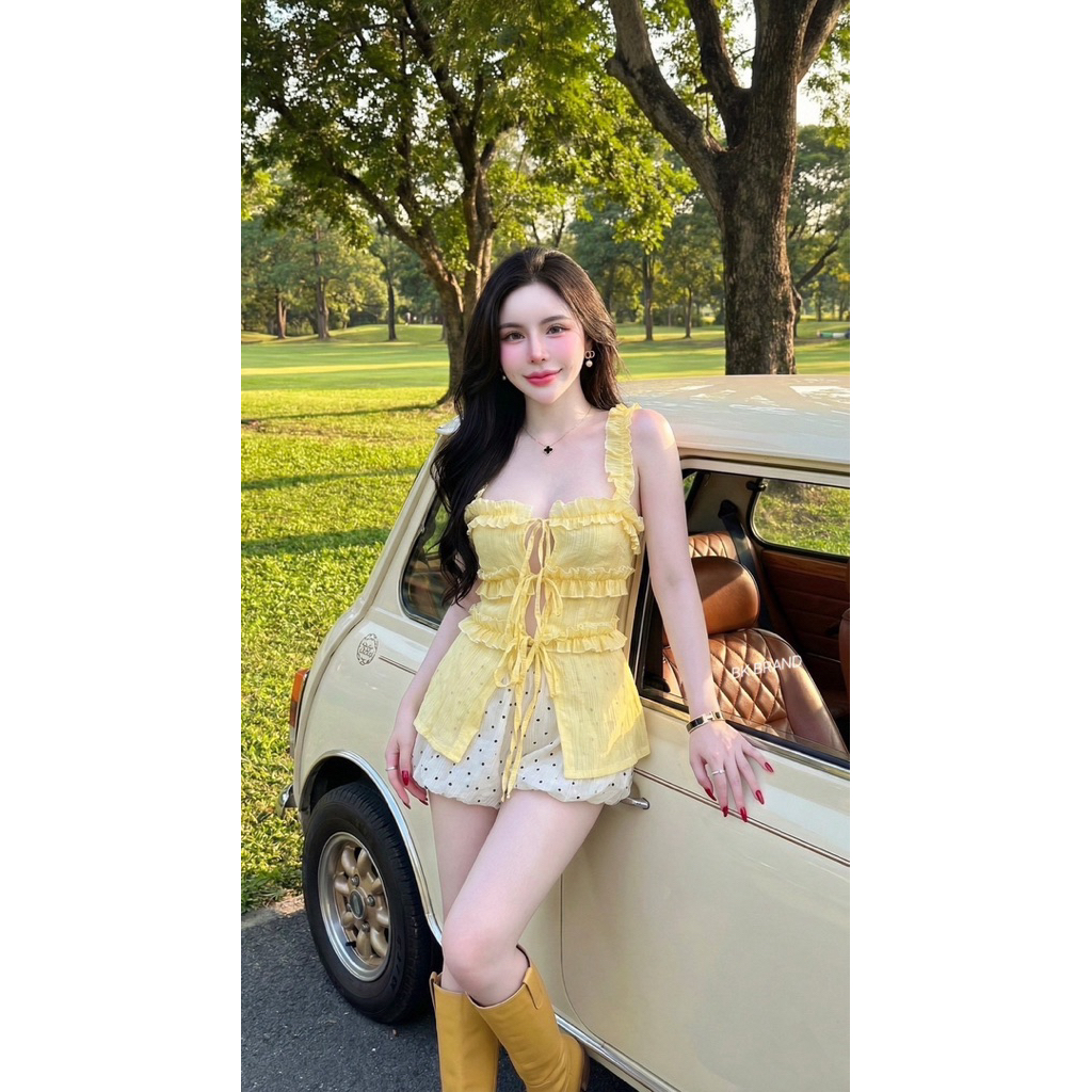 🧸เซต 2 ชิ้นแต่งระบายกางเกงบอลลูน🧸  🏷️BK BRAND    🌷✨เซ็ต2ชิ้นแต่งระบายเสื้อแหวกหน้าผูกโบว์สม็อคหลัง