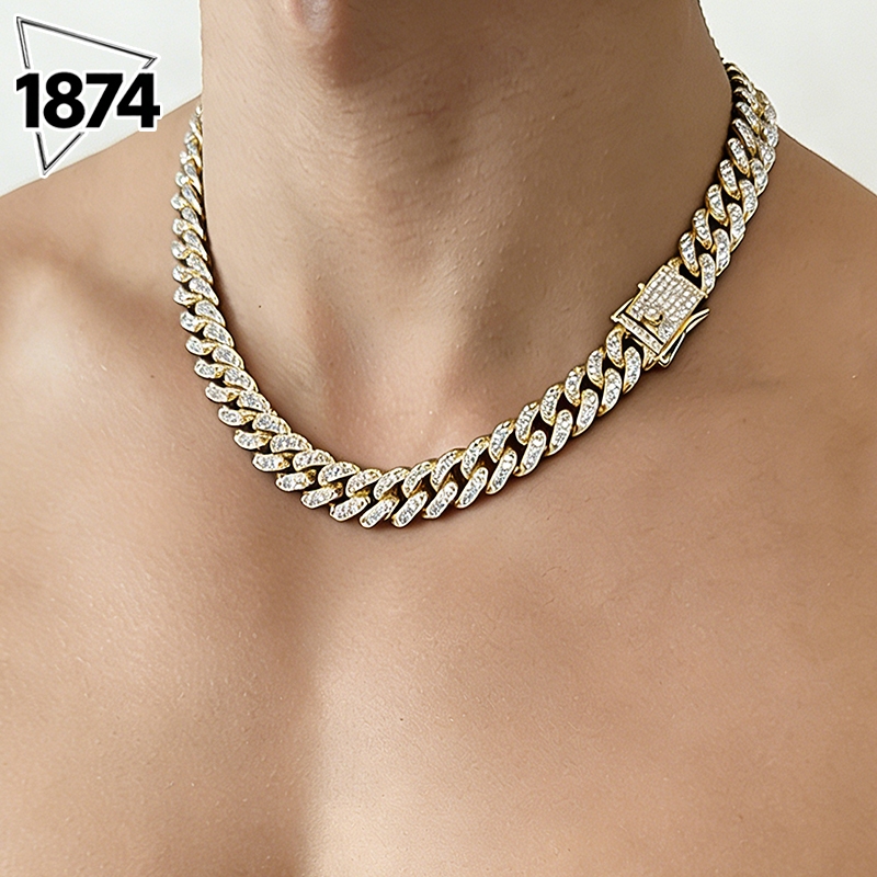 NEW-1874 สร้อยคอคิวบา 13 mm สร้อยคอเพชรไทเทเนียมเหล็กคุณภาพสูงแฟชั่นฮิปฮอปในยุโรปและอเมริกา