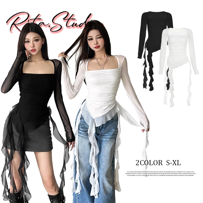Rita พร้อมส่ง❤️ซีทรูเสื้อเชิ้ต เสื้อครอป ทรางยาว แขนยาว แฟชั่นผู้หญิง สามมิติ เซ็กซี่สวย ชุดปาร์ตี้ ชุดแต่งฮาโลวีน