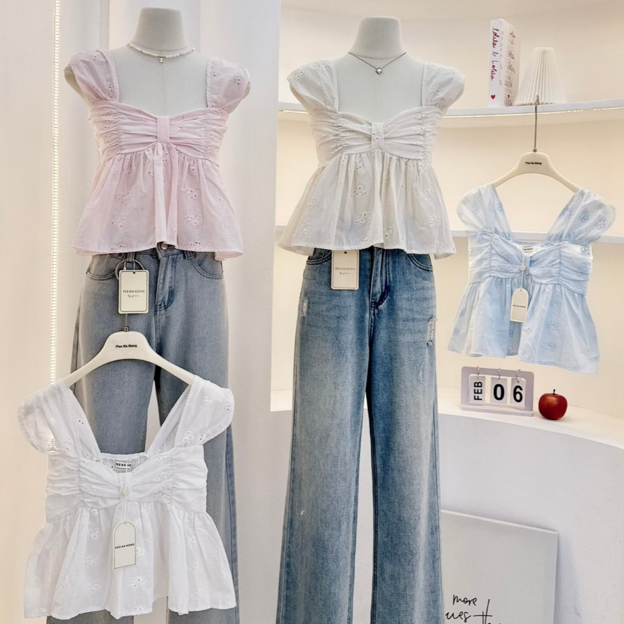 Mone top : เสื้อกล้าม เย็บจีบหน้าอก ชายระบาย เนื้อผ้าปักดอกไม้ KN.Clothes